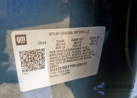 2024 Chevrolet Malibu Lt z USA, uszkodzony, nr VIN 1G1ZD5ST7RF228192